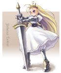  armor armored_dress blonde_hair bloomers blue_eyes brown_background capcom character_name cosplay cyberbots devilot dress gradriel huge_weapon katahira_masashi princess_crown solo sword weapon white_dress 