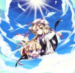  animal_ears blonde_hair chibi cloud clouds fox_ears gap hands happy looking_down no_nose open_mouth purple_eyes short_hair sky smile sunbeam sunlight touhou yakumo_ran yakumo_yukari young 