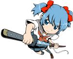  blue_eyes blue_hair pirano ribbon ribbons scar school_uniform sword thigh-highs thighhighs twintails weapon 