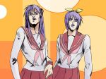  asame_shinbun blue_eyes hiiragi_kagami hiiragi_tsukasa jojo&#039;s_bizarre_adventure jojo_no_kimyou_na_bouken lucky_star maruko-san parody purple_hair ribbon ribbons school_uniform style_parody 