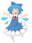  arms_spread bad_id blue_hair bow cirno closed_eyes outstretched_arms ro_man short_hair smile solo spread_arms touhou wings 