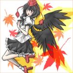  black_hair black_wings blush geta hat leaf leaves lowres nakko natsu315 ribbon ribbons shameimaru_aya short_hair tengu-geta touhou wings 