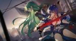  2girls arknights bare_shoulders belt black_shorts blue_hair ch&#039;en_(arknights) collared_shirt commentary dragon_horns glowing glowing_sword glowing_weapon green_hair highres holding holding_sword holding_weapon horns hoshiguma_(arknights) kurasamerukia long_hair multicolored_neckwear multiple_girls navel neckwear off_shoulder oni_horns outdoors shield shirt short_shorts shorts single_horn sleeveless sleeveless_shirt sword thighs weapon white_shirt yellow_neckwear 