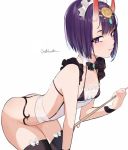  1girl bangs bare_shoulders bikini black_bikini black_legwear bob_cut breasts brooch collarbone eyeliner fate/grand_order fate_(series) headpiece horns jewelry leaning_forward licking_lips looking_at_viewer maid_headdress makeup micro_bikini oni oni_horns oni_noodle purple_hair revealing_clothes short_hair shuten_douji_(fate/grand_order) skin-covered_horns small_breasts smile swimsuit thigh-highs thighs tongue tongue_out violet_eyes 