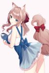  1girl :o absurdres animal_ear_fluff animal_ears apron ass bangs bare_arms bare_shoulders blue_apron blue_bow blue_eyes blue_skirt blush bow brown_background brown_hair commentary eyebrows_visible_through_hair highres holding holding_tray leaning_forward long_hair looking_at_viewer looking_back mizu_(lzzrwi603) original parted_lips pleated_skirt ponytail red_bow shirt simple_background skirt sleeveless sleeveless_shirt solo striped tail tail_bow tail_raised tray v-shaped_eyebrows vertical-striped_skirt vertical_stripes white_shirt 