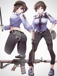  1girl absurdres ass assault_rifle baton brown_hair cuffs gun handcuffs hat highres holding holding_gun holding_weapon impossible_clothes looking_back multiple_views necktie original police police_hat police_uniform policewoman rifle senjouhara_nira short_hair uniform violet_eyes weapon 