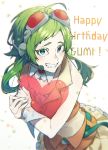  1girl absurdres ahoge belt birthday blurry blurry_background commentary crop_top goggles green_eyes green_hair grin gumi happy_birthday headphones headset heart highres holding_heart looking_at_viewer orange_shirt orange_skirt red_goggles satsuki_32ki see-through shirt skirt smile solo upper_body vocaloid white_background wrist_cuffs 