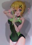  1girl akatsuki_kirika barefoot between_breasts blonde_hair blush breasts covered_navel green_eyes green_leotard hair_ornament hand_between_breasts hand_on_own_chest heart heart-shaped_pupils highres leotard liquid looking_at_viewer medium_breasts namime senki_zesshou_symphogear short_hair smile solo standing symbol-shaped_pupils vial x_hair_ornament 