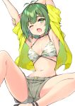  1girl antenna_hair armpits arms_up bangs bare_shoulders bikini blush breasts camouflage camouflage_bikini collarbone commentary_request cu-no eyebrows_visible_through_hair green_eyes green_hair green_nails grey_shorts hisenkaede jacket medium_breasts nail_polish navel nonono_futaba open_clothes open_jacket open_mouth short_shorts short_sleeves shorts sitting solo stretch swimsuit white_bikini yellow_jacket 