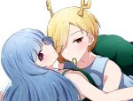  2girls :o absurdres antlers bangs bare_shoulders blonde_hair blue_hair eyebrows_visible_through_hair eyes_visible_through_hair flower girl_on_top green_ribbon hair_flower hair_ornament haniyasushin_keiki highres kicchou_yachie long_hair lying mouth_hold multiple_girls on_back on_stomach parted_lips red_eyes ribbon short_hair simple_background sleeveless touhou turtle_shell violet_eyes white_background yukome yuri 