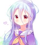  1girl :&lt; bangs blue_hair blush closed_mouth deyui eyebrows_visible_through_hair gradient_hair green_hair hair_between_eyes heart highres looking_at_viewer multicolored_hair neckerchief no_game_no_life purple_shirt red_eyes sailor_collar shiro_(no_game_no_life) shirt simple_background solo translation_request upper_body white_background white_sailor_collar yellow_neckwear 