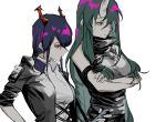  2girls akagine_sansu arknights armband armor black_jacket black_shirt blue_hair breastplate breasts ch&#039;en_(arknights) closed_mouth collared_shirt commentary crossed_arms dragon_horns dress_shirt eyebrows_visible_through_hair facial_scar green_hair hair_between_eyes highres horns hoshiguma_(arknights) jacket lips long_hair medium_breasts multiple_girls oni_horns open_clothes open_jacket red_eyes scar scar_on_cheek shirt simple_background sleeveless sleeveless_shirt turtleneck twintails upper_body white_background white_shirt wing_collar 