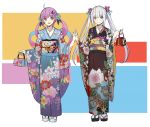  2girls absurdres ahoge alternate_costume anchor_hair_ornament aqua_hair bag bangs blue_eyes closed_mouth commentary_request eyebrows_visible_through_hair flower full_body furisode hair_flower hair_ornament handbag highres hololive japanese_clothes kagura_mea kagura_mea_channel kimono long_sleeves looking_at_viewer minato_aqua multicolored multicolored_eyes multicolored_hair multiple_girls obi obiage obijime open_mouth purple_hair sash sidelocks silver_hair sketch smile standing streaked_hair tabi twintails violet_eyes virtual_youtuber weiyinji_xsk wide_sleeves yellow_eyes zouri 