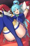  1girl aqua_(konosuba) bangs blue_eyes blue_footwear blue_hair blue_shirt blue_skirt blush boots bottle breasts convenient_leg couch detached_sleeves drunk eyebrows_visible_through_hair hair_between_eyes hair_ornament hair_rings half-closed_eyes head_on_pillow high_heel_boots high_heels highres holding itohana kono_subarashii_sekai_ni_shukufuku_wo! long_hair lower_teeth lying medium_breasts microskirt on_back on_couch open_mouth pillow raised_eyebrow see-through shirt skirt sleeveless sleeveless_shirt solo thick_thighs thigh-highs thigh_boots thighs tongue very_long_hair wine_bottle 