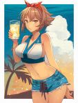  1girl alternate_costume anchor anchor_symbol bangs bare_shoulders bikini bikini_top border bracelet breasts brown_hair clouds cowboy_shot cup cutoffs denim denim_shorts eyebrows_visible_through_hair hairband holding holding_cup jewelry kantai_collection kasumi_(skchkko) large_breasts midriff mutsu_(kantai_collection) navel palm_tree red_hairband short_hair short_shorts shorts sky smile solo stomach swimsuit thighs tree white_border 