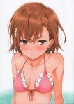  1girl :&lt; absurdres bangs bare_shoulders bikini blush breasts brown_eyes brown_hair collarbone crossed_bangs flower frilled_bikini frills front-tie_bikini front-tie_top frown hair_flower hair_ornament highres looking_at_viewer medium_hair misaka_mikoto pink_bikini pout puma_(hyuma1219) scan small_breasts solo swimsuit to_aru_kagaku_no_railgun to_aru_majutsu_no_index upper_body 