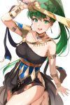  1girl absurdres armband bangs bare_shoulders barefoot black_dress blush breasts collar collarbone commentary dress eyebrows_visible_through_hair fire_emblem fire_emblem:_the_blazing_blade gem green_eyes green_hair highres holding holding_sword holding_weapon jewelry leg_up lips looking_at_viewer lyn_(fire_emblem) medium_breasts open_mouth ormille ponytail shiny shiny_hair shiny_skin simple_background smile solo sword thighs tied_hair weapon 
