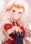  1girl aftergardens black_gloves closed_mouth dated edelgard_von_hresvelg fire_emblem fire_emblem:_three_houses gloves hair_down happy_birthday headpiece highres holding_hands horns long_hair smile solo_focus violet_eyes white_gloves white_hair 