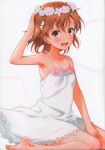  1girl absurdres barefoot breasts brown_eyes brown_hair happy head_wreath highres looking_at_viewer misaka_mikoto open_mouth puma_(hyuma1219) scan short_hair simple_background small_breasts smile solo to_aru_kagaku_no_railgun to_aru_majutsu_no_index white_background 