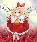  1girl absurdres ankle_socks arms_up blonde_hair blue_sky blurry blush clouds commentary_request cravat depth_of_field english_commentary eyebrows_visible_through_hair flandre_scarlet floral_background flower foreshortening hand_on_own_chin hat hat_ribbon highres hyaku_paasento knees_together_feet_apart looking_at_viewer mary_janes mixed-language_commentary mob_cap one_side_up petticoat puffy_short_sleeves puffy_sleeves red_eyes red_flower red_footwear red_rose red_skirt red_vest ribbon rose shirt shoes short_hair short_sleeves sitting skirt sky smile solo touhou vest white_headwear white_legwear white_shirt wings yellow_neckwear 