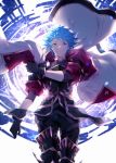  1boy black_gloves blue_eyes blue_hair blurry blurry_background cape gloves gran_(granblue_fantasy) granblue_fantasy guider_to_the_eternal_edge highres looking_down male_focus pollity_san solo white_cape 