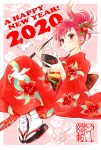 1girl 2020 border bowl chinese_zodiac chopsticks commentary_request dated earrings english_text equuleus_shoko floral_background flower full_body hair_flower hair_ornament happy_new_year holding holding_bowl holding_chopsticks japanese_clothes jewelry kimono kuori_chimaki long_hair mochi mouse new_year outside_border pink_eyes ponytail print_kimono redhead saint_seiya saint_seiya_saintia_sho sandals signature solo tabi white_border white_legwear wing_hair_ornament year_of_the_rat 