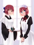 2girls apron blue_eyes bow bowtie collared_shirt commentary_request cup dress food hair_bow half_updo highres hisui_(tsukihime) japanese_clothes kimono kohaku_(tsukihime) long_sleeves looking_at_viewer maid maid_apron maid_headdress multiple_girls onigiri open_mouth own_hands_together puffy_long_sleeves puffy_sleeves redhead shirt short_hair sleeve_cuffs smile sukiniyaru tea teacup tray tsukihime twitter_username wa_maid white_apron yellow_eyes 