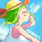  1girl 2019 arm_at_side bare_arms bare_shoulders blue_sky blurry blush bokeh character_name clenched_teeth close-up closed_eyes clouds cloudy_sky condensation_trail day depth_of_field floating_hair from_side furrowed_eyebrows green_hair grin gumi hand_on_headwear hand_up happy hat outdoors profile raputsue red_ribbon ribbon shirt short_hair shoulder_blush sky sleeveless sleeveless_shirt smile solo straw_hat summer sun_hat sunlight sweat teeth upper_body very_short_hair vocaloid white_shirt 