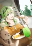  1girl absurdres blurry_foreground bookshelf cake commentary doughnut drink drinking_straw food forest fruit fur-trimmed_jacket fur_trim goggles goggles_on_head green_eyes green_hair green_nails gumi highres holding holding_food indoors jacket jinsei_reset_button_(vocaloid) kinoshita_akira looking_at_viewer nail_polish nature open_mouth orange_jacket plate room short_hair_with_long_locks sidelocks signature smile solo strawberry upper_body vocaloid window zipper_pull_tab 