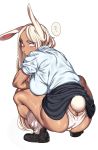  1girl ? alternate_costume alternate_skin_color animal_ears ass black_footwear black_skirt blue_shirt blush boku_no_hero_academia breasts bunny_tail butt_crack collared_shirt constricted_pupils dark_skin ear_down expressionless eyebrows_visible_through_hair fat_mons from_behind full_body highleg highleg_panties highres huge_breasts long_hair looking_at_viewer looking_back loose_socks mirko muscle muscular_female panties pink_eyes rabbit_ears reflective_eyes shiny shiny_clothes shiny_skin shirt simple_background skirt skirt_lift solo spoken_question_mark squatting tail thick_thighs thighs underwear urec very_long_hair white_background white_hair white_legwear white_panties 