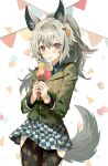  1girl :p animal_ears arknights bangs black_legwear blush closed_mouth commentary cowboy_shot en_(shisui_no_utage) eyebrows_visible_through_hair food grani_(arknights) grani_(miraculous_moment)_(arknights) green_jacket hair_ornament hairclip highres hip_vent holding holding_food horse_ears horse_girl horse_tail ice_cream jacket long_hair long_sleeves looking_at_viewer miniskirt official_alternate_costume pantyhose rev silver_hair skirt smile solo sweatband tail tongue tongue_out violet_eyes white_skirt 