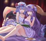  2girls bangs bare_legs barefoot bat_wings bed blue_bow book bow cookie crescent crescent_hair_ornament eating eyebrows_visible_through_hair food hair_between_eyes hair_bow hair_ornament hat hat_ribbon highres holding holding_food indoors long_hair mob_cap multiple_girls patchouli_knowledge pillow pointy_ears purple_hair purple_headwear purple_shirt reading red_bow red_eyes red_ribbon remilia_scarlet ribbon rin_falcon shirt short_hair sleeveless striped striped_shirt touhou undershirt white_headwear white_shirt wings yellow_eyes 