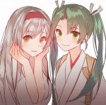  2girls brown_eyes commentary_request dark_green_hair green_eyes hairband hands_on_own_face japanese_clothes kantai_collection kasumi_(skchkko) long_hair looking_at_viewer multiple_girls red_hairband shoukaku_(kantai_collection) silver_hair simple_background tasuki twintails upper_body white_background zuikaku_(kantai_collection) 