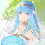 1girl blue_hair bouquet bride bride_(fire_emblem) closed_mouth crying crying_with_eyes_open fire_emblem fire_emblem:_the_blazing_blade fire_emblem_heroes flower highres kyufe long_hair ninian_(fire_emblem) red_eyes smile solo tears upper_body 