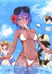  3girls ;3 animal_ears armpits ass bikini bird black_bikini blue_bikini blue_sky blush breasts clouds dark_skin eyewear_on_head fate/extra fate/grand_order fate/prototype fate/prototype:_fragments_of_blue_and_silver fate_(series) fish flower food fox_ears hair_flower hair_ornament hassan_of_serenity_(fate) hat highres innertube long_hair looking_at_viewer multiple_girls navel oda_nobunaga_(fate) oda_nobunaga_(fate)_(all) okita_souji_(fate)_(all) okita_souji_(swimsuit_assassin)_(fate) one_eye_closed pink_hair popsicle purple_hair scar seagull sky straw_hat sunglasses swimsuit tamamo_(fate)_(all) tamamo_no_mae_(swimsuit_lancer)_(fate) violet_eyes wading white_bikini yellow_eyes 