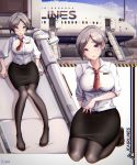  1girl absurdres aircraft airplane bangs black_legwear breasts brown_eyes brown_hair flight_attendant highres impossible_clothes kneeling large_breasts multiple_views necktie original pantyhose parted_bangs pencil_dress pencil_skirt red_neckwear senjouhara_nira skirt sliding socks thighs tied_hair 