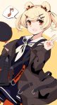  arknights black_shirt blonde_hair candy_hair_ornament closed_mouth commentary eyebrows_visible_through_hair food_themed_hair_ornament frying_pan gummy_(arknights) hair_ornament happy holding_frying_pan marble_(marblesized) medium_hair musical_note orange_eyes sailor_collar school_uniform serafuku shirt sketch smile solo twintails upper_body 