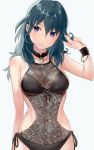  1girl adapted_costume alternate_costume bikini black_bikini black_choker black_swimsuit blue_background blue_hair blush bracelet breasts byleth_(fire_emblem) byleth_eisner_(female) choker closed_mouth commentary covered_navel cowboy_shot eyebrows_visible_through_hair fire_emblem fire_emblem:_three_houses hair_between_eyes haru_(nakajou-28) head_tilt highres holding holding_hair jewelry long_hair looking_at_viewer medallion medium_breasts side-tie_bikini simple_background smile solo swimsuit violet_eyes wristband 