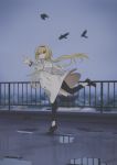  1girl absurdres blonde_hair coat dated deg_(deguana) full_body hairband highres idolmaster idolmaster_cinderella_girls kurosaki_chitose long_hair looking_at_viewer outdoors outstretched_arms smile solo standing standing_on_one_leg tiptoes white_coat 