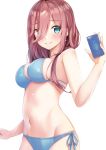  1girl absurdres aqua_eyes bangs bikini blue_bikini blush breasts brown_hair cellphone closed_mouth commentary_request eyebrows_visible_through_hair go-toubun_no_hanayome hair_over_eyes highres holding holding_phone long_bangs medium_breasts nakano_miku navel phone rei_(ilust9999) side-tie_bikini sideboob simple_background smartphone smile standing sweat swimsuit white_background 