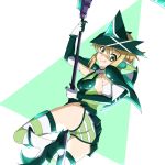  1girl :q akatsuki_kirika ass blonde_hair breasts elbow_gloves from_behind gloves green_eyes green_leotard hair_ornament headgear highres leotard looking_at_viewer looking_back medium_breasts scythe senki_zesshou_symphogear shiny shiny_clothes shiny_hair shiny_skin short_hair skirt smile solo striped striped_legwear thigh-highs tongue tongue_out x_hair_ornament yoc-kun 