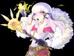  1girl artist_name black_background black_gloves bone_(stare) dress fire_emblem fire_emblem:_three_houses gloves holding holding_staff long_hair long_sleeves lysithea_von_ordelia open_mouth pink_eyes simple_background solo staff upper_body white_hair 