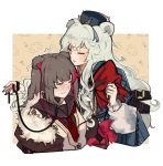  2girls animal_ears arknights bangs bear_ears black_choker black_jacket black_sailor_collar black_shirt blue_eyes blue_hair blue_headwear blue_neckwear blush brown_hair choker commentary creepy_himecchi earphones earphones fur-trimmed_jacket fur_trim grey_eyes hair_between_eyes highres jacket leash long_hair long_sleeves multicolored_hair multiple_girls necktie open_clothes open_jacket red_neckwear redhead rosa_(arknights) sailor_collar school_uniform serafuku shirt shy sidelocks silver_hair streaked_hair trembling white_jacket yuri zima_(arknights) 