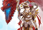  1girl 42wv armor belt blue_eyes breastplate brown_hair closed_mouth cowboy_shot creature dragon flower hair_flower hair_ornament knight lance long_hair looking_at_viewer monster original polearm red_ribbon ribbon rose simple_background teeth weapon white_background wyvern 