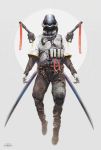  blurry boots depth_of_field esuthio floating gloves harness helmet highres science_fiction simple_background solo solo_focus sword weapon 