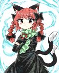  1girl animal_ears bangs black_bow black_dress bow braid cat_ears cat_tail chups closed_mouth crossed_arms dress extra_ears eyebrows_visible_through_hair frilled_dress frilled_sleeves frills hitodama kaenbyou_rin looking_at_viewer medium_hair multiple_tails red_bow red_eyes red_neckwear redhead simple_background solo tail touhou two_tails upper_body v-shaped_eyebrows white_background 