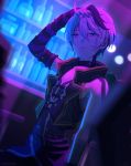  1girl androgynous arm_warmers bandaged_arm bandages bar bare_shoulders blurry blurry_background blurry_foreground bottle dutch_angle flower_(vocaloid) half-closed_eyes hand_on_own_head highres indoors jacket kilt looking_at_viewer multicolored_hair nokuhashi parted_lips purple_jacket purple_shirt shelf shirt short_hair sleeveless sleeveless_jacket sleeveless_shirt solo stool streaked_hair striped_arm_warmers upper_body v_flower_(vocaloid4) violet_eyes vocaloid white_hair 