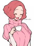  1girl :d arm_up artist_name blush brown_hair closed_eyes cup do_m_kaeru holding holding_cup long_sleeves okumura_haru open_mouth persona persona_5 pink_sweater ribbed_sweater short_over_long_sleeves short_sleeves smile solo sweater teacup turtleneck white_background 