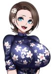  1girl blue_eyes breasts brown_hair camui_kamui china_dress chinese_clothes dress eyebrows eyelashes floral_print flower hair_flower hair_ornament highres huge_breasts jewelry looking_at_viewer original short_hair smile teeth tongue white_background 
