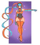  1girl absurdres aqua_gloves aqua_hair arm_at_side ass_visible_through_thighs bangs bare_shoulders blunt_bangs boots border breasts chest_jewel choker collarbone covered_navel crossed_ankles dated deoxys elbow_gloves expressionless facing_viewer full_body gen_3_pokemon gloves headphones high_heel_boots high_heels highres large_breasts leotard lips lipstick long_hair looking_at_viewer makeup multicolored multicolored_clothes multicolored_gloves multicolored_hair mythical_pokemon neon_trim orange_footwear orange_gloves orange_hair orange_headphones orange_headwear outline outside_border outstretched_arm personification pokemon pokemon_(game) pokemon_rse purple_background purple_lipstick ravenousruss ribbed_leotard shiny shiny_footwear shiny_hair sidelocks signature solo starry_background taut_clothes thigh-highs thigh_boots twintails two-tone_gloves two-tone_hair very_long_hair violet_eyes white_border zipper zipper_pull_tab 